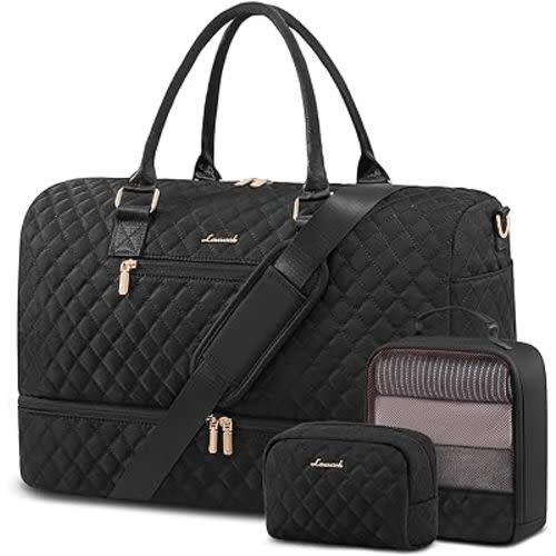 LOVEVOOK Travel Duffle Bag for Women, Weekender Overnight Bag with Shoe Compartment, Carry on Bag with Toiletry Bag, Gym Duffel Bag with Wet Pocket, Hospital Bags for Labor and Delivery 3 Pcs Set