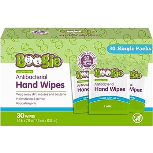 Hand Santizer Wipes by Boogie Wipes, Single Packs, Alcohol-free, Hypoallergenic and Moisturizing Aloe, Boogie Hand Wipes for Adults and Kids, 30 Wipes (Pack of 1)