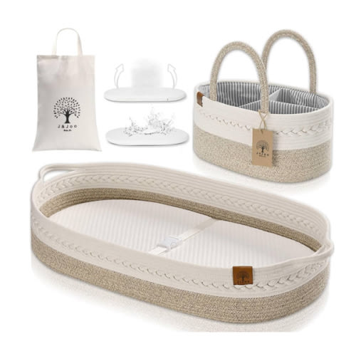 Baby Changing Basket Includes Diaper Caddy - Breathable & Waterproof Dual-Cover, Portable, Changing Pad for Dresser & Changing Table, Gift for Baby Shower, Cotton Rope Basket for Baby