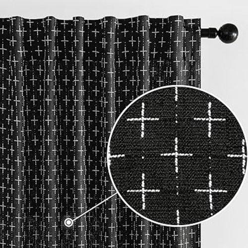 MIULEE Decorative Back Tab Linen Curtains with Geometric Pattern for Living Room Bedroom Farmhouse Rustic Thick Woven Textured Patterned Mudcloth Drapes 72 Inches Long 2 Panels Set, Black
