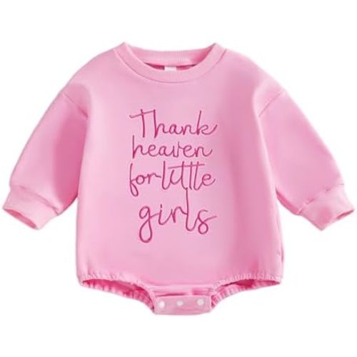 Baby Girl Bubble Romper Sweatshirt - Thank Heaven for Little Girls Embroidery Long Sleeve Newborn Fall Bodysuit