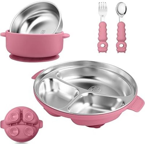 Stainless Steel Baby Plate and Bowl with Suction, Baby Bowl and Divided Kids Toddler Plate with Removable Silicone Shell, Non-Slip Toddler Baby Feeding Set, Forks + Spoons Included-Rose red