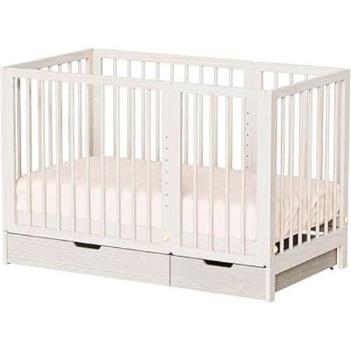 JOYMOR 8 in 1 Convertible Crib with Changer, Include 2” Mattress, Converts to Bassinet, Mid Crib, Full Size Crib, Daybed,Toddler Bed and Playard (Crib with Drawer, Washed Natural)