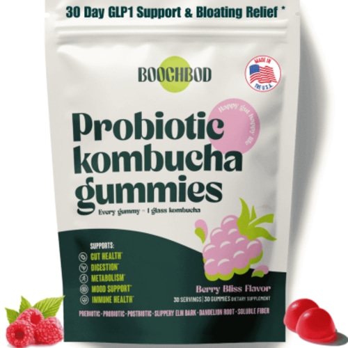 GLP1 Support - Probiotic Kombucha Gummies | BoochBod - Probiotics, Prebiotics, Postbiotics, Fiber Supplement, Slippery Elm, Dandelion Root, - Bloating, Gut Health - 30 Day Supply