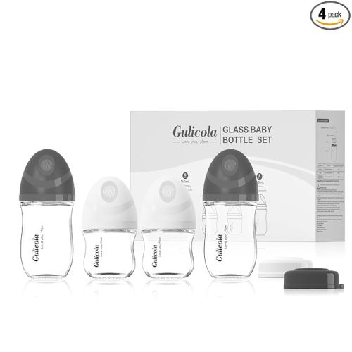 Gulicola Natural Glass Baby Bottles Set 4 Pack, Newborn Boy Breastfeeding Bottles with Slow Flow Nipples, 0 Months+, 3 oz & 5 oz - Black/White