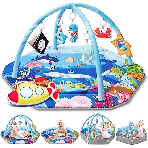 Baby Gym Play Mat, 8-in-1 Ocean Theme Tummy Time Mat & Ball Pit, Washable Baby Activity Play Mat for Visual, Hearing, Sensory, Motor Development, Baby Toys Gift for Toddler Infant 0-3-6-9-12-18 Months