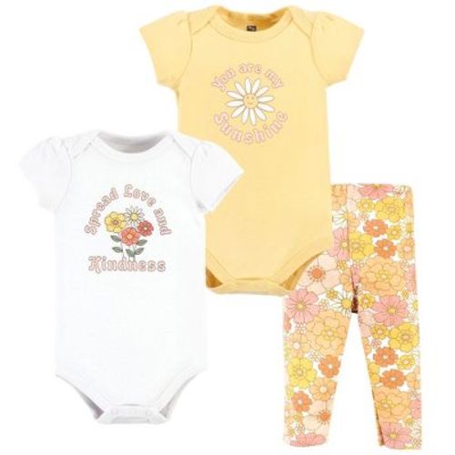 Hudson Baby Infant Girl Cotton Bodysuit and Pant Set, Peace Love Flowers Short Sleeve, 18-24 Months