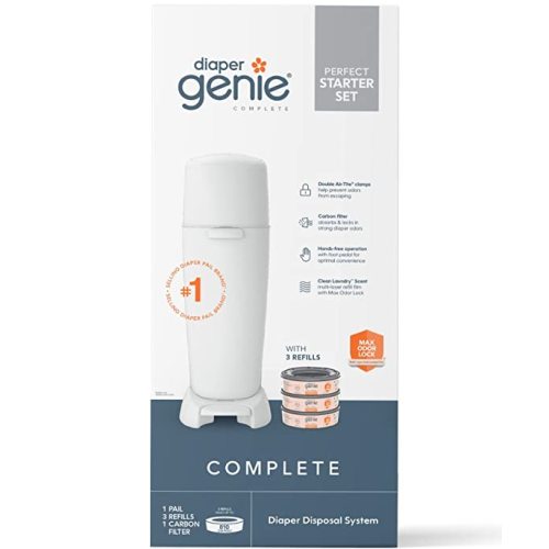 Diaper Genie Complete Diaper Pail (White) with Antimicrobial Odor Control | Includes 1 Diaper Trash Can, 3 Refill Bags, 1 Carbon Filter - Pail + 3 Refill