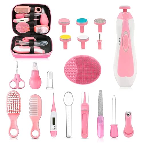 Baby Healthcare and Grooming Kit, 26 in 1 Portable Baby Safety Care Set with Hair Brush Comb Nasal Aspirator Electric Nail Trimmer Set Baby Essentials kit for Newborn Boys Girls (Pink)