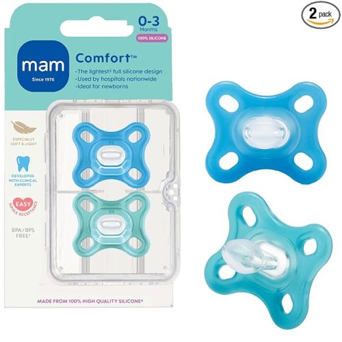 MAM Comfort Baby Pacifiers 0-3 Months Newborns, Lightweight One-Piece Full Silicone Binky, BPA-Free Nipple, Easy to Clean Pacifier, Best for Breastfed Babies, 2 Count, Sterilizer Case, Made in Europe
