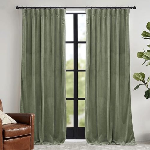 RYB HOME Sage Green Velvet Curtains 90 inches - Heavy Duty Back Tab Decorative Window Drapes Privacy Room Darkening Covering for Living Room Bedroom, 52 inch x 90 inches, 2 Panels Set