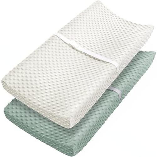 Changing Pad Cover, Ultra Soft Minky Dots Plush Changing Table Covers for Baby Girls and Boys, 2 Pack (Roman Green & Lily White)