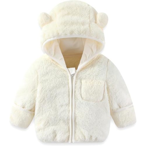 AiWMGL Baby Infant Boys Girls 12 Months Winter Coat with Fold-Over Mittens Fleece Jacket Outwear Warm Clothes Overcoat Pink Bear Hooded Zipper for Kids Toddlers