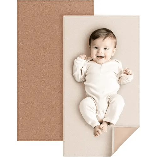 Konssy Faux Leather Baby Changing Mat 2 Pack, Waterproof, Wipeable & Portable Diaper Changing Pad for Travel or Home, Foldable Mat Fits Perfectly in Diaper Bag, 30 x 17 inches (Brown,Beige)