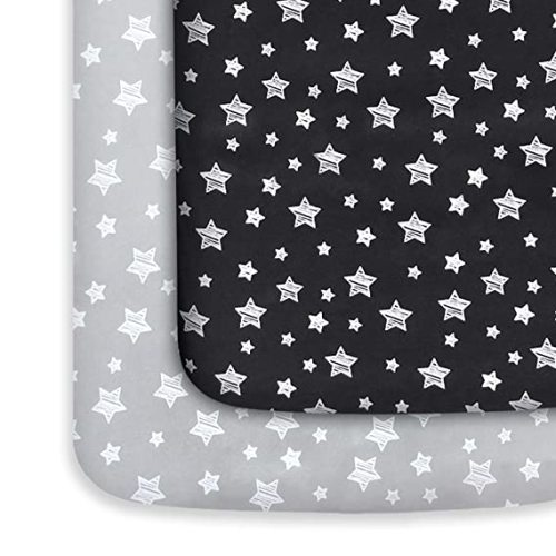 Pack and Play Sheets, 2 Pack Mini Crib Sheets, Stretchy Playard Fitted Sheet, Compatible with Graco Pack n Play, Soft and Breathable Material, Grey & Black