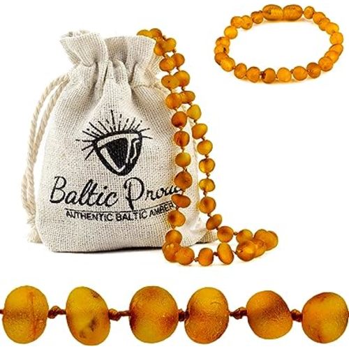 Baltic Proud Raw Amber Necklace and Bracelet Gift Set (Unisex Honey Raw 12.5 Inches/5.5 Inches) - Certified Premium Quality Raw Baltic Sea Amber