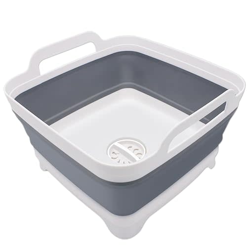 2.4 Gal(9L) Collapsible Dish Basin with Drain Plug, Space Saving Outdoor Multiuse Foldable Sink Tub, Dishpan, Kitchen Storage Tray for Camping, Vegetable Washing, RV (Gray)