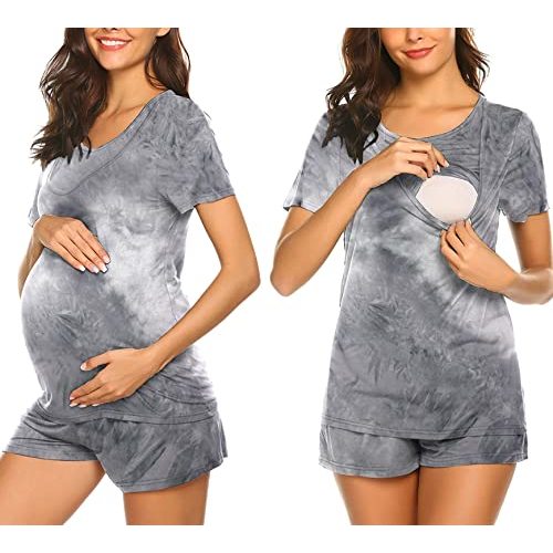 Ekouaer Maternity Nursing Pajamas Set Short Sleeve Breastfeeding Sleepwear Double Layer Postpartum Top and Shorts Set