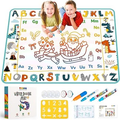TECJOE Water Doodle Mat, 59 × 35 Inches Large Kids Painting Writing Water Drawing Mat, Mess Free Reusable Toddler Gift for Age 3 4 5 6 7 Years Old Girls Boys, Educational Toys Bring Magic Pens