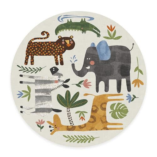RUGGABLE Animal Safari Round Rug - Perfect Kids Washable Rug for Nursery Playroom Kids Room - Pet & Child Friendly - Stain & Water Resistant - Multicolor 6' Round (Cushioned Pad)