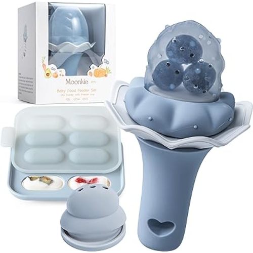 Moonkie Baby Fruit Feeder with Freezer Tray | BPA Free Silicone Infant Food Feeder | Two Sizes Pouches and Breastmilk Popsicle Molds for Cooling Relief | Baby Shower Gifts 4 Months+, 1 Pack