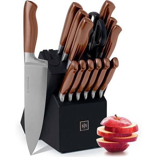 Copper Knife Set with Block and Sharpener – 14-Piece Rose Gold Knives with Black Knife Block and Built-In Sharpener – Stylish Copper Kitchen Accessories and Decor for Cooking and Prepping