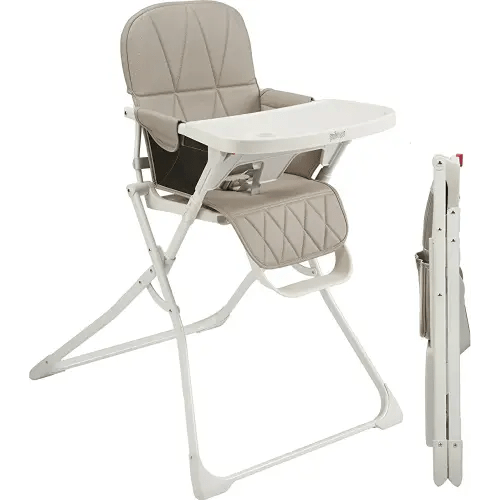 Primo PopUp Folding High Chair (for Baby Age 6 to 36 Months) Taupe Folding Beach Chair Style High Chair with Removable Dishwasher Safe Tray, 3pt Safety Harness, Leatherette Seat – Space Saving Design