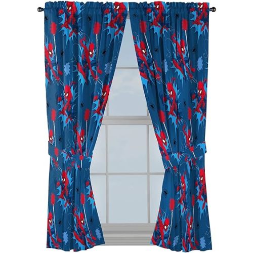 Jay Franco Kids Window Drapes - 4 Piece Curtain Set Includes 2 Tiebacks, Beautiful Bedding Room Décor and Easy Set Up, Blue - Spiderman, 63 Inch