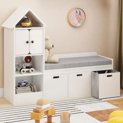 Vabches Toy Storage Organizer for Kids Bookshelf with Reading Nook, Multifunctional Kids Bookcase with 3 Storage Cubbies, 3 Drawers and Seat Cushion for Keeping Kids' Toys Books Organized, White