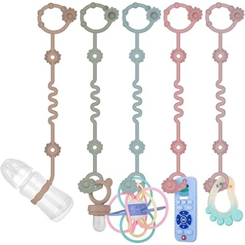 5 Pcs Toy Straps for Baby, Adjustable Stroller Accessories Toy Holder, Prevent Drop Silicone Pacifier Clip, Baby Travel Essential Applicable Sippy Cup (Sage+Sand+Ether+Powder rose+Dusty lilac)