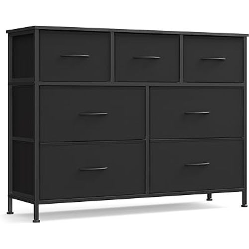 SONGMICS Dresser for Bedroom, Chest of Drawers, TV Stand, Steel, MDF, 7 Non-Woven Fabric Drawers, Storage Organizer Unit, Closet, Entryway, Ink Black and Ebony Black ULGS323B01S