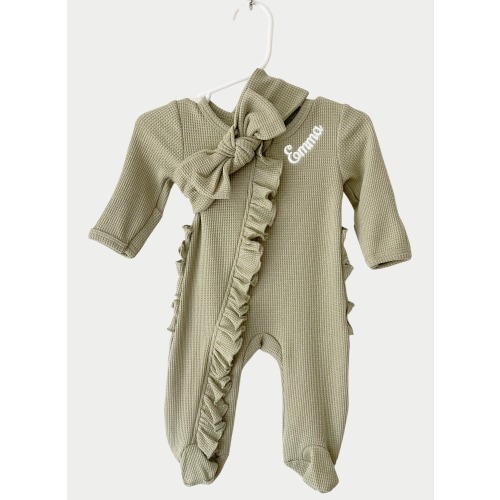 Baby Name Newborn Waffle Knit Ruffled Footie With Bow - Baby Girl Coming Home Outfit - Hospital Outfit for Baby Girls