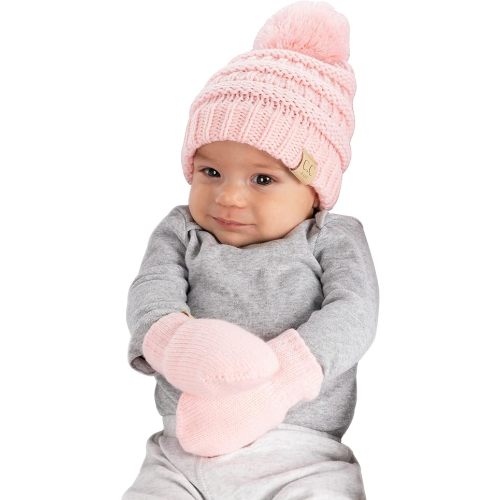 Funky Junque Cozy Infant Pom Pom Beanie & Fleece Lined Mitten Winter Set