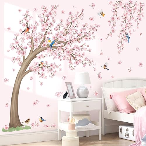 wondever Large Cherry Blossom Tree Wall Stickers Pink Flower Birds Tree Branch Peel and Stick Wall Art Decals for Bedroom Living Room Sofa