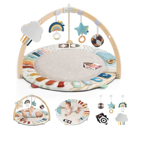 Blissful Diary Baby Play Gym & Activity Mat, 5 Developmental Zones Wooden Tummy Time Mat with 6 Detachable Sensory Toys for Motor Skills & Sensory Development, Baby Essentials Shower Gift