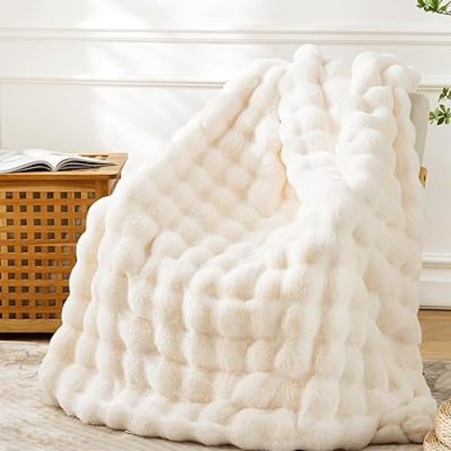 BENVWE Faux Fur Throw Blanket for Couch - Cozy Fuzzy Soft Plush Fluffy Thick Luxury Minky Bubble Blanket for Living Room Home Decor - Mothers Day Birthday Gifts for Women, Cream White, 51" x 63"