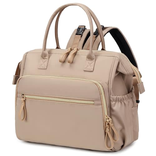 LORADI Convertible Diaper Bag Tote, Wide Open Top 14 Pockets Nappy Changing Backpack with Stroller Buckle, Water-resistant (Light Mocha Mousse)