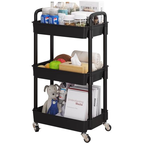 UDEAR 3-Tier Rolling Utility Cart with 12 Category Labels,Multifunctional Comagtable Rolling Shelving with Handle and Lockable Wheels for Room,Office,Kitchen,Bathroom,Black