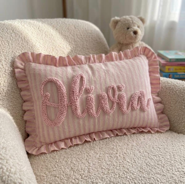Personalized Baby Name Pillow, Custom Punch Needle Pillow, Gingham Ruffle Pillow, Baby Shower Gift, Nursery Decor, Kids Name Gift