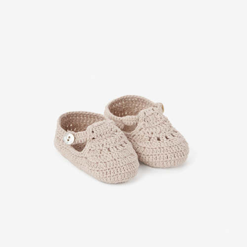 Taupe T-Strap Hand Crocheted Baby Booties TAUPE / 0-12M