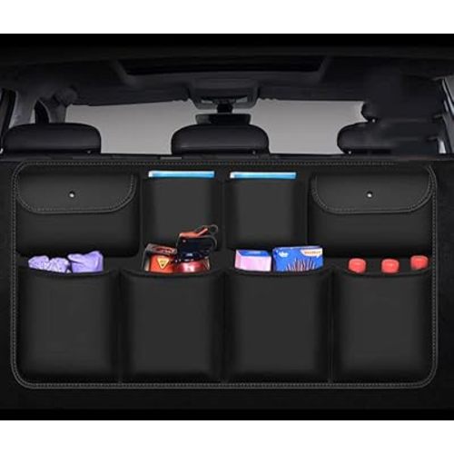 Car Trunk Organizer, Premium PU Leather Rear Car Organizer Storage Hanging Car Boot Organizer with 8 Large Pockets 3 Adjustable Straps for SUV,Truck,Van(Size:B,Color:Black)