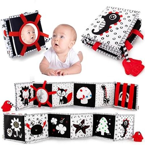 Black and White High Contrast Baby Book with Mirror Baby Newborn Toys 0-6-12 Months, Soft Cloth Book for Baby Brain Development Tummy Time Toys Sensory Montessori Early Learning for Baby Gifts