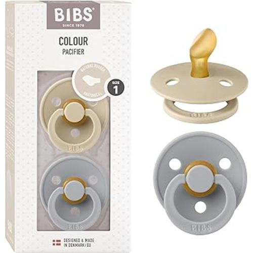BIBS Pacifiers - Set of 2 | Colour Pacifier with Anatomical Nipple | BPA-Free Natural Rubber | Made in Denmark | Vanilla/Cloud, 0-6 Months
