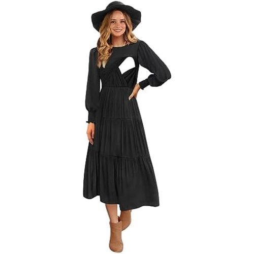Womens Flutter Long Sleeve Smocked Tiered Nursing Dress for Breastfeeding