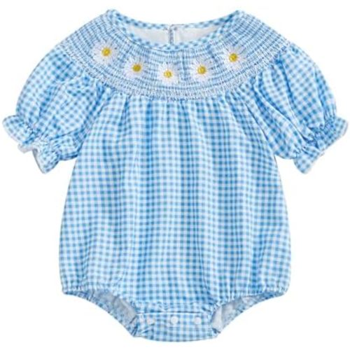 Infant Baby Girl Plaid Bubble Romper Clothes Daisy Embroidery Short Sleeve Smocked Bodysuit Summer Outfit