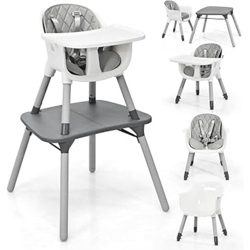 HONEY JOY 5-in-1 High Chair, Convertible Highchair for Babies and Toddlers/Kids Chair Table Set/Booster Seat/Infant Feeding Chair w/Safety Harness, PU Leather Cushion & Removable Food Tray (Gray)