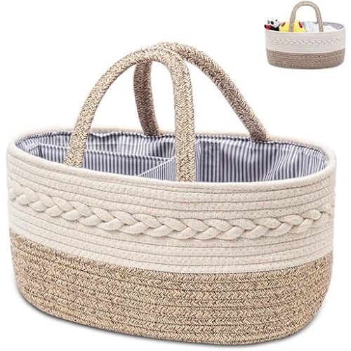 Baby Diaper Caddy Organizer, Woven Rope Cotton Nursery Storage Basket, Portable Handle With Large Changing Compartment Bins, Cream Beige