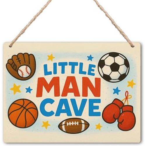 Boys Sports Cave Sign - Sports Decor for Boys Bedroom, Football Basketball Soccer Decor for Boy, Cool Toddler Litter Man Cave Wooden Hanging Plaque Signs 10x8 Inch