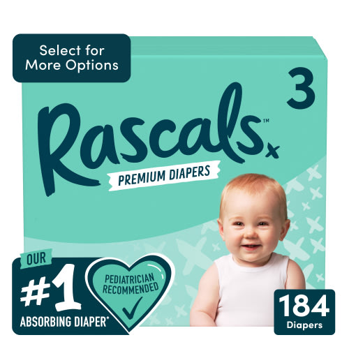 Rascals Premium Diapers Size 3, 184 Count (Select for More Options)