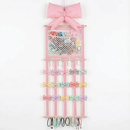 Pink Hair Bow Holder Headband Organizer for Girls Hair Clip Accessories Wall Hanger Pink Display Holder Organizer 37.5 Inch Bow Storage Hanging Decor with Hook Gift for Toddler Baby Room